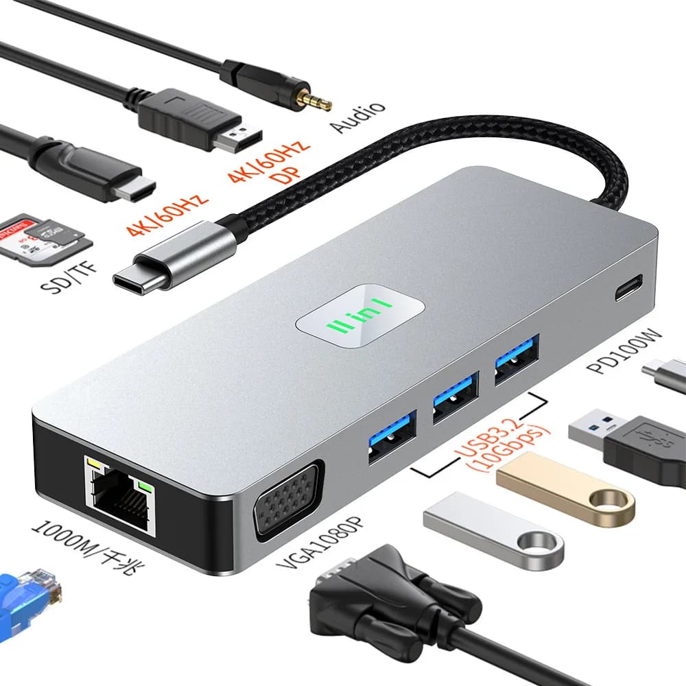 Docking Station USB Hub 3.2 Type-C ad Alta Definizione + DP + VGA, Stazione di Aggancio Multi-schermo MST per Tre Display Diversi