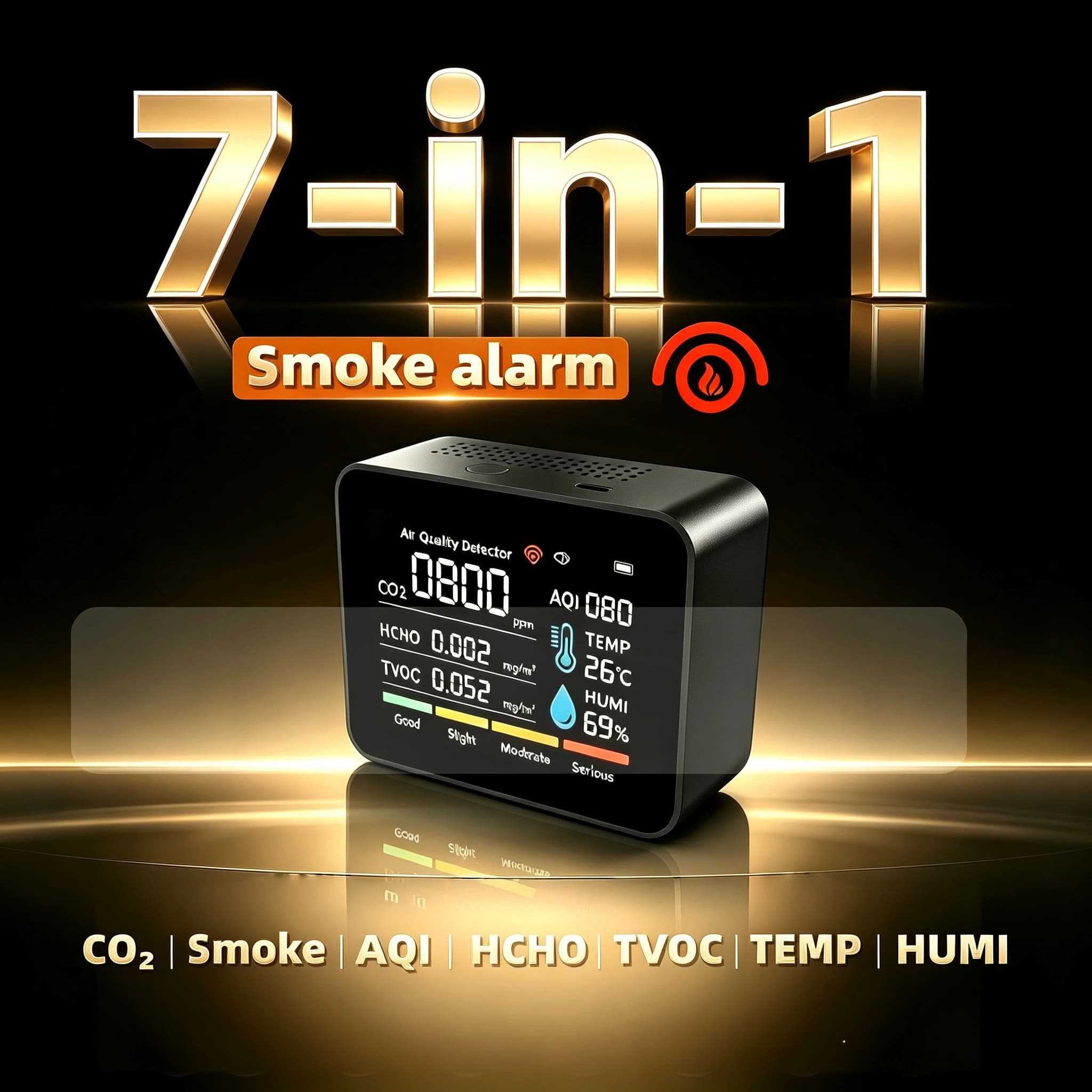 seven-in-one functional air quality detector, smoke alarm, CO2、AIQ、 Formaldehyde TVOC、 Temperature and humidity detector