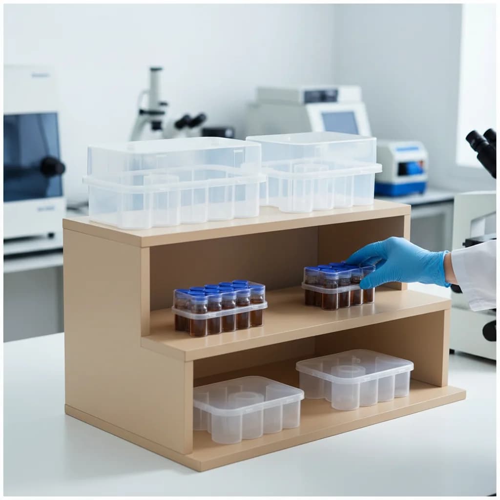 Transparent plastic container stackable for 3/5/7/10 ml, with 2/10/24 compartments, for freezer and refrigerator