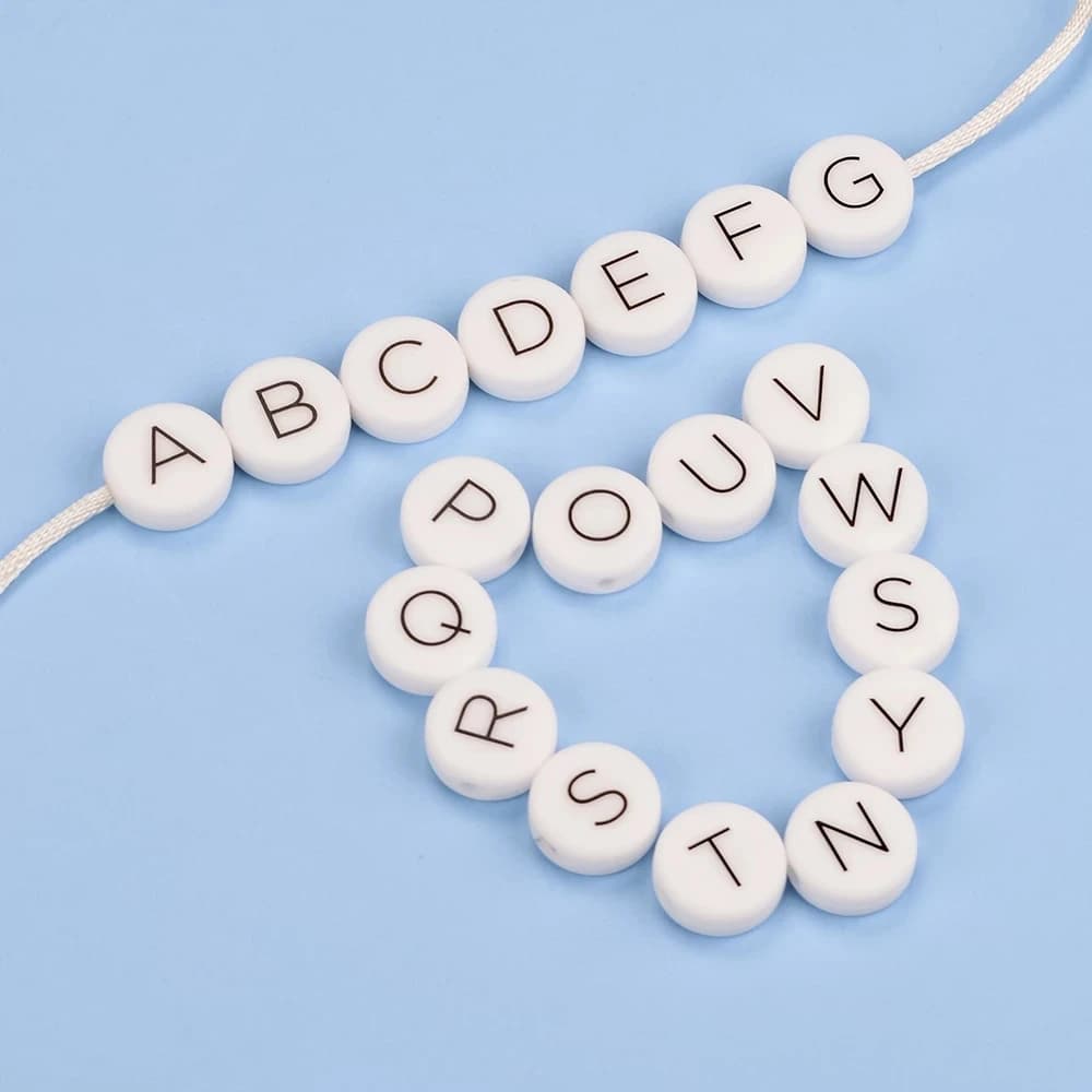 LOFCA 12mm 100 pezzi perline di Silicone piatte rotonde per uso alimentare catena di ciuccio per denti da latte perline di alfabeto da masticare allentate nome personalizzato fai da te