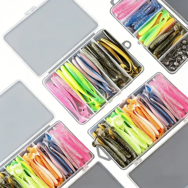 Set of Artificial baits 25-100 Pieces, Esca Morbida con Testa Piombata, Esca Bionica Bicolore, Speciale per Spigola e Pesce Mandarino