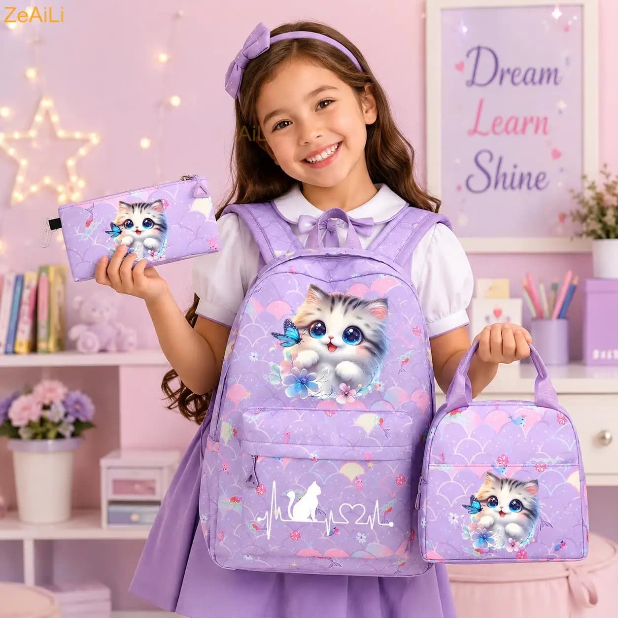 3Pcs/Set Cute Cat Flower Butterfly Fish Scale Backpack for Women Casual School Bags with Lunch Bag Girls Student Rucksack