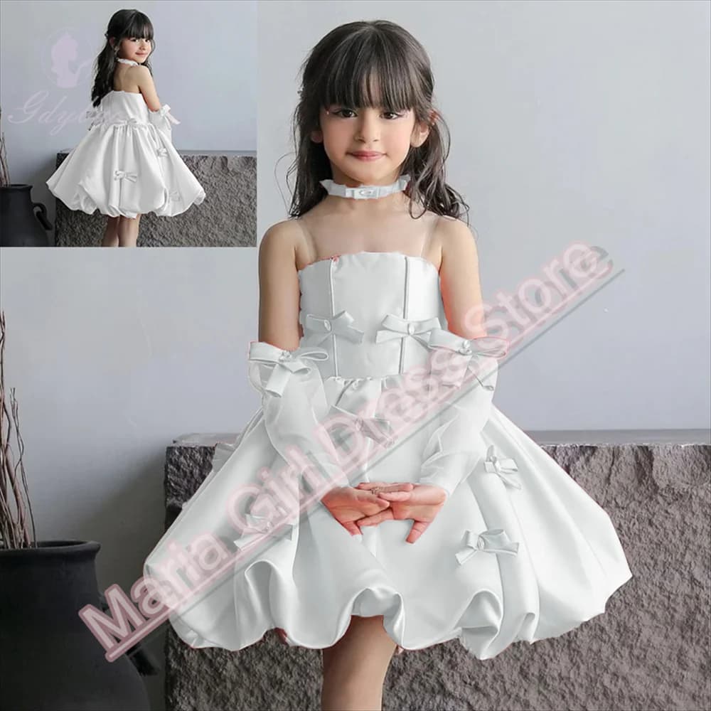 Eleganti abiti da ragazza di fiore bianco in raso con spalline trasparenti per bambini, matrimoni, compleanni, feste