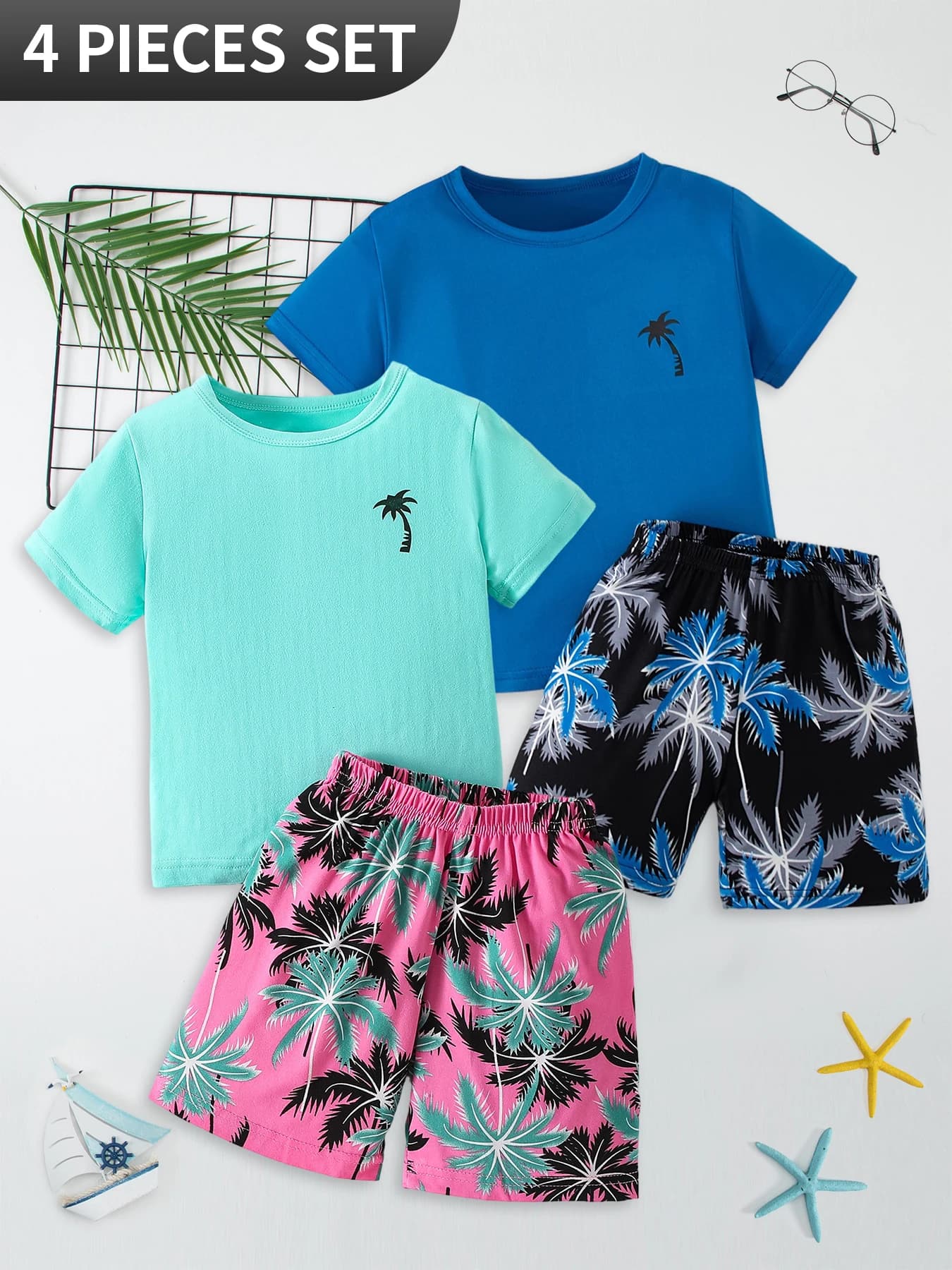 4-Piece Summer Kids Casual Resort Style Set for Boys and Girls - Comfortable Round-Neck Short Sleeve with Coconut Tree Print