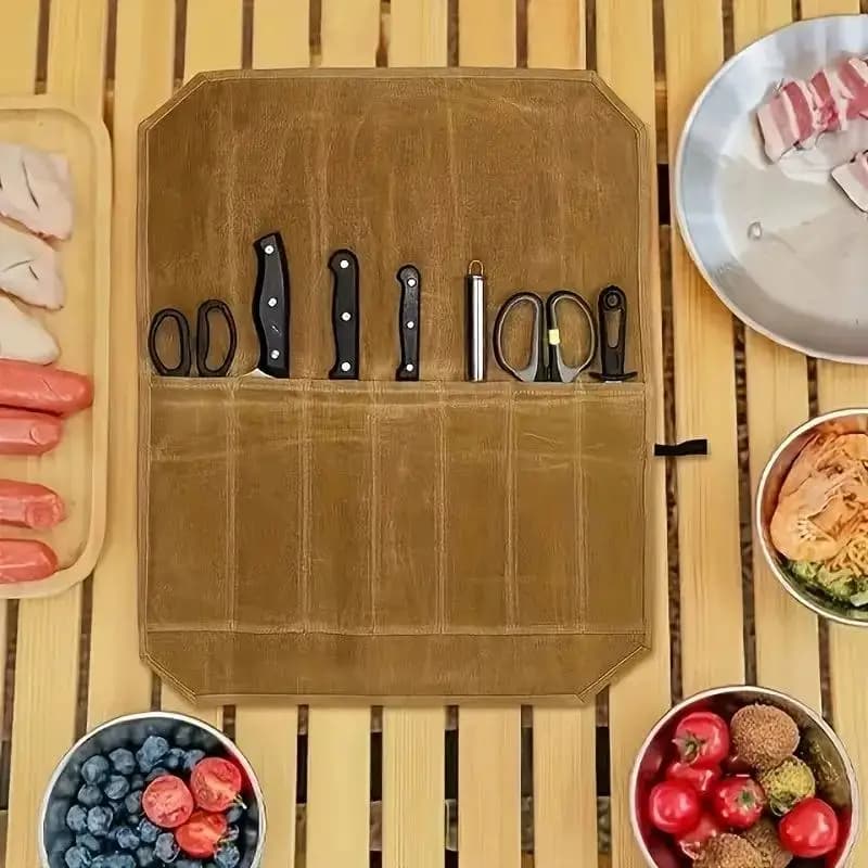 7-Slot Waterproof Canvas Knife Roll Bag Foldable Portable Chef Tool Kitchen Organizer Storage Bag