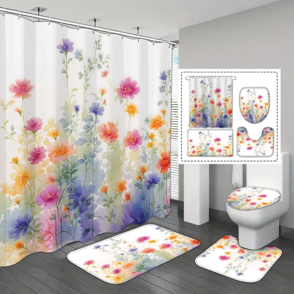 Set da 4 pezzi di tende da doccia stampate impermeabili con fiori colorati con 12 ganci, tappetini da bagno