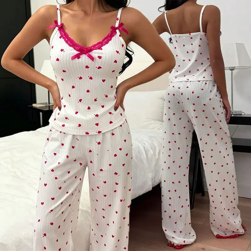 Fall/Winter Pajama Set For Women Elegant Loungewear Heart-Print Pants And Striped Top Lace-trimmed Suspenders Lingerie Pajamas