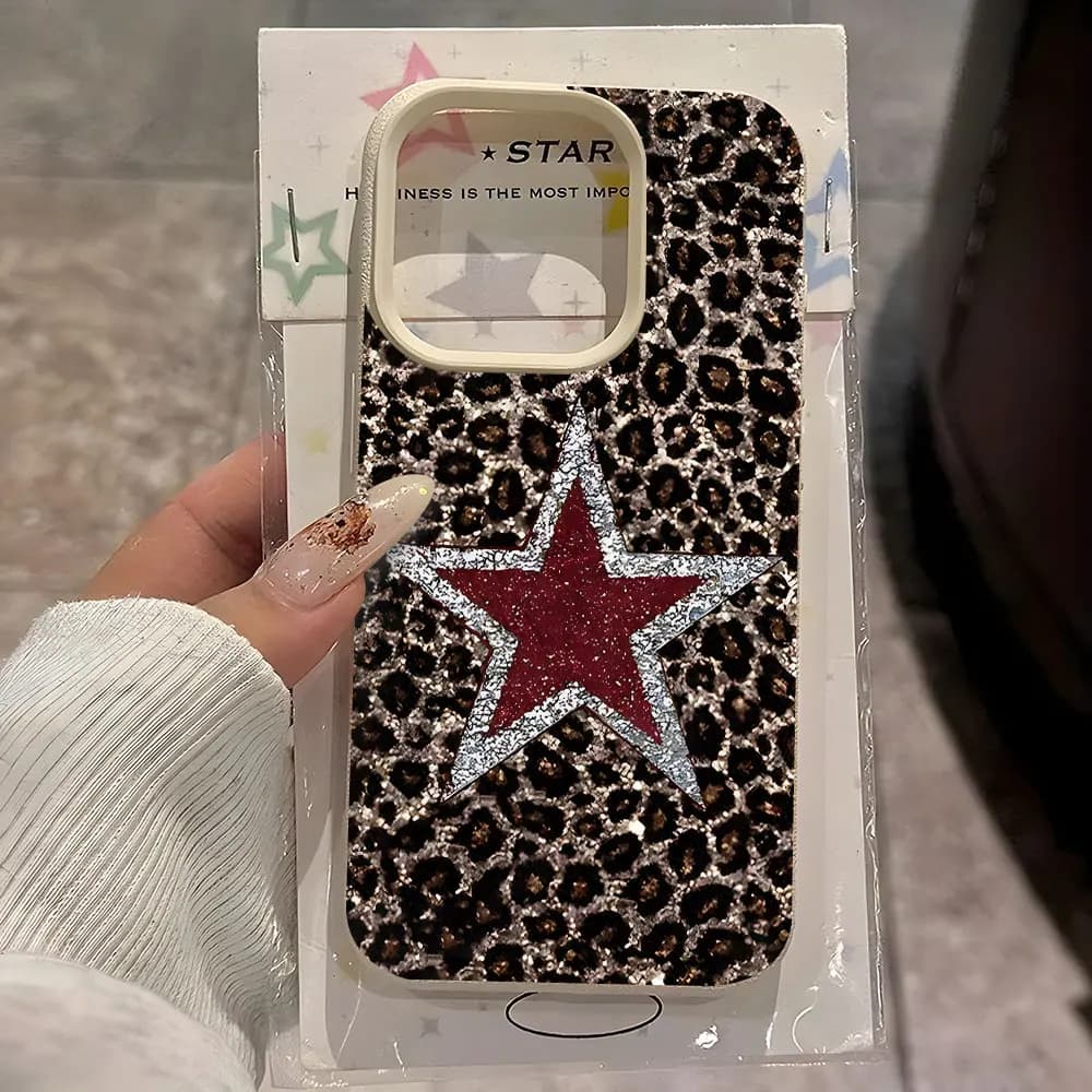 Leopard Print And Glitter Star Lychee Soft Phone Case For iPhone 17 16 15 14 13 12 11 Pro Max 15 14 Plus X Xs XR 17 Air Cover