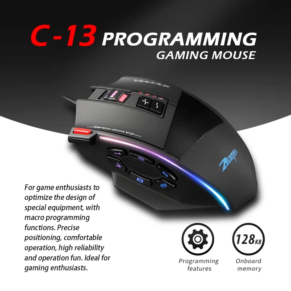 Mouse Cablato ZELOTES C13, Mouse da Gaming Programmabile con 13 Tasti, 10000DPI, Illuminazione RGB, Mouse Laser per Laptop e PC