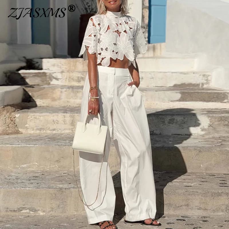 Women’s Solid 2 Piece Sets Floral Hollow Lace Crop Top High Waist Wide Leg Pants Suit Elegant Boho Summer Beach Vacation Outfits