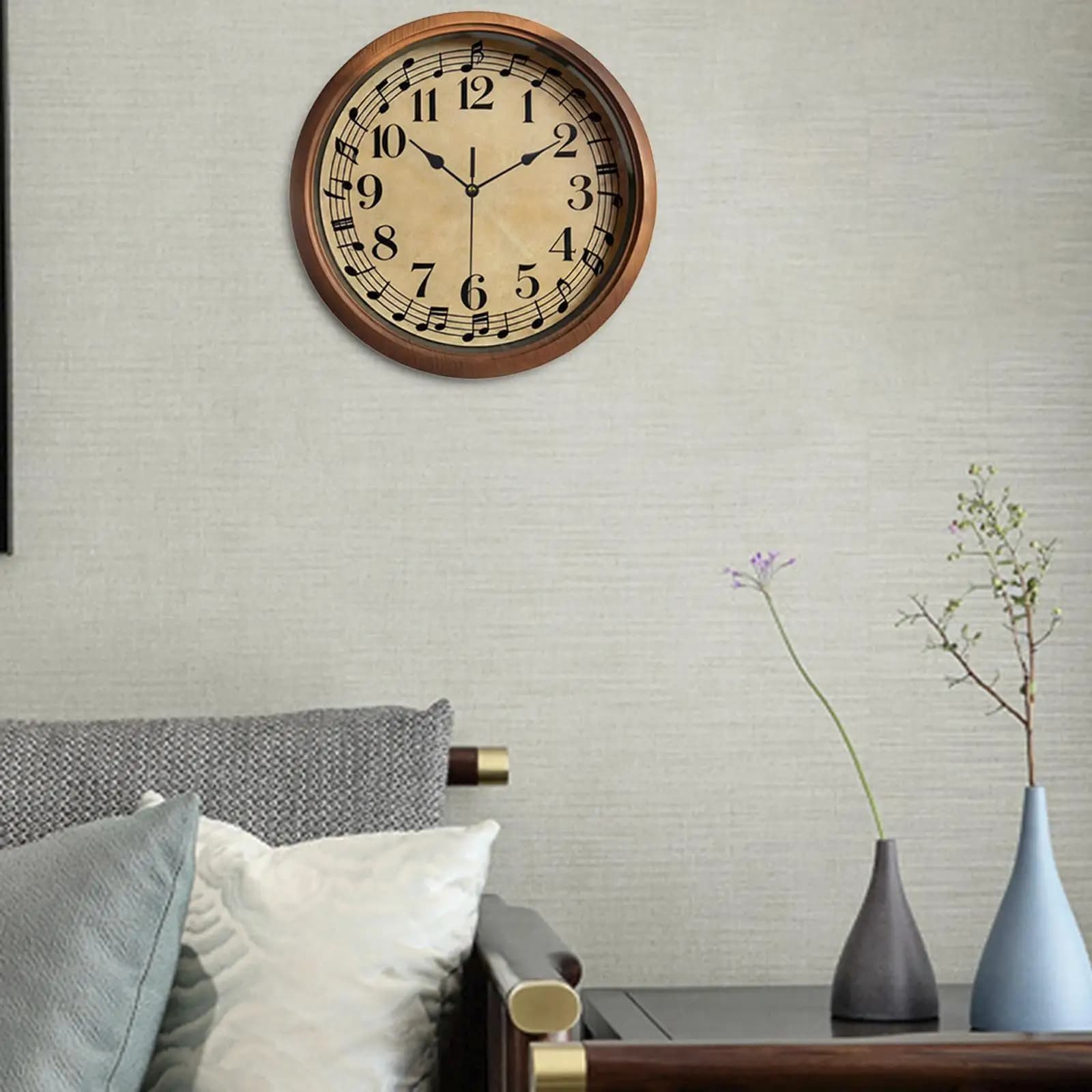 Music Note Wall Clock Silent Movement Wall Art Decor Round Hanging Clock for