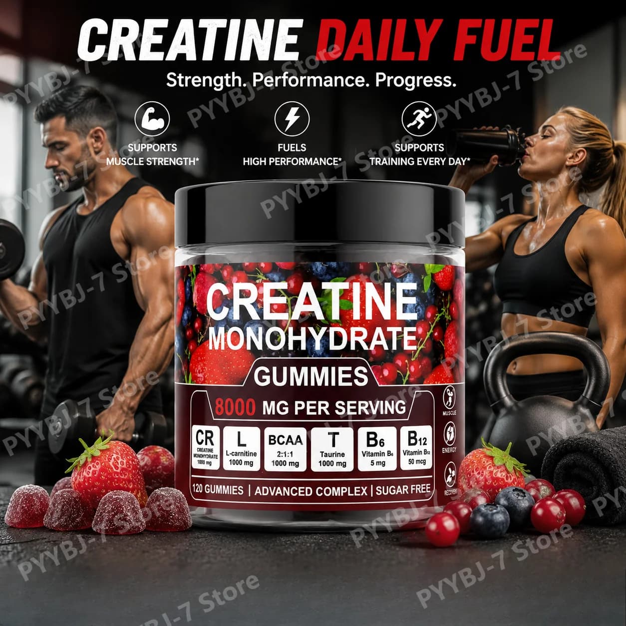 Creatine Gummies with L-Carnitine BCAA Vitamin B6 B12 Daily Fitness Supplement for Men Women Support and Energy Recovery