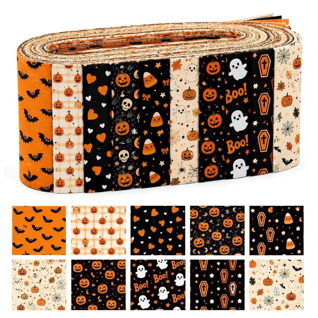 10pcs Ghost Pumpkin Halloween Jelly Roll Fabric Strips 2.5X19.7inch Pre-Cut Polyester For Patchwork Quilts, Table Runners