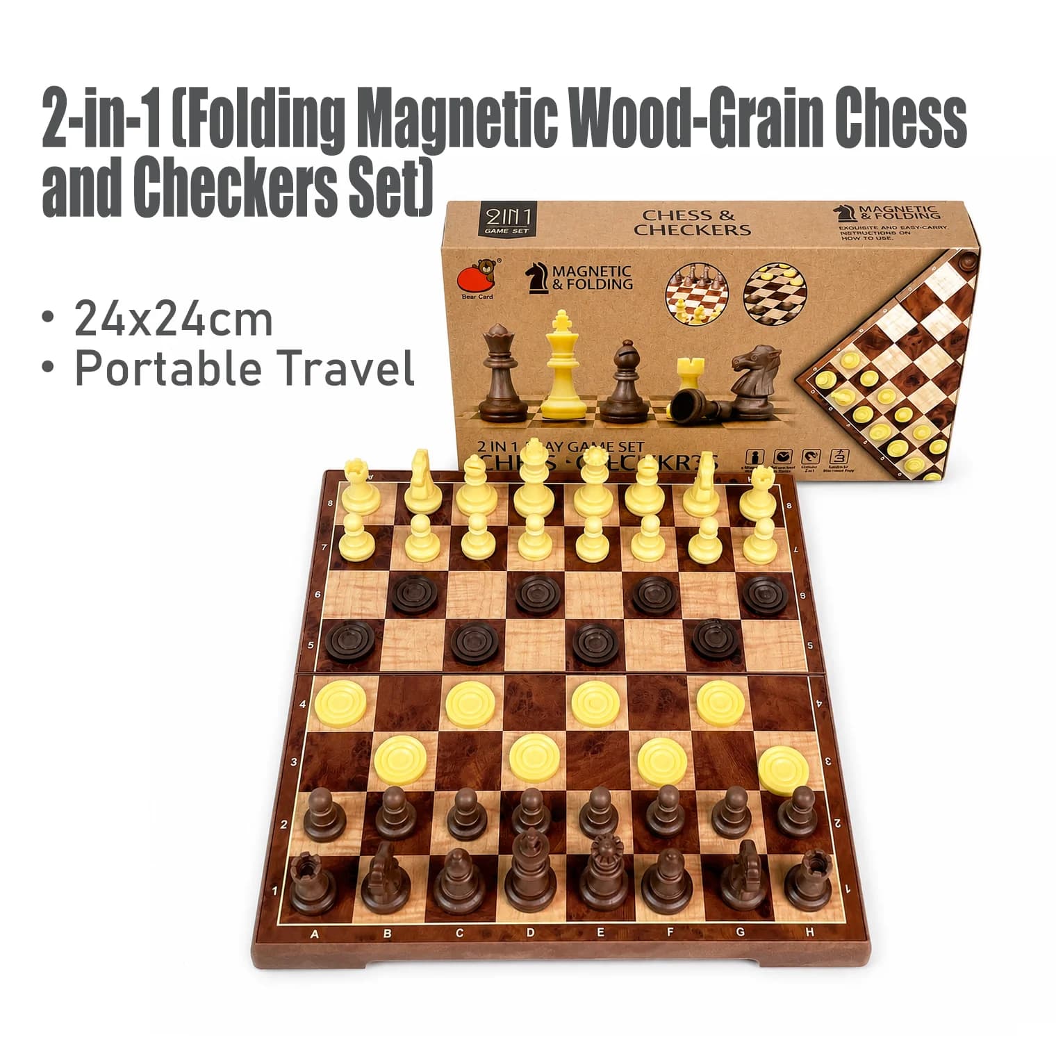 24x24cm 2 in 1 Folding Magnetic Wood Grain Chess Checkers Set Board Game Portable Travel Educational Puzzle Toy Gift