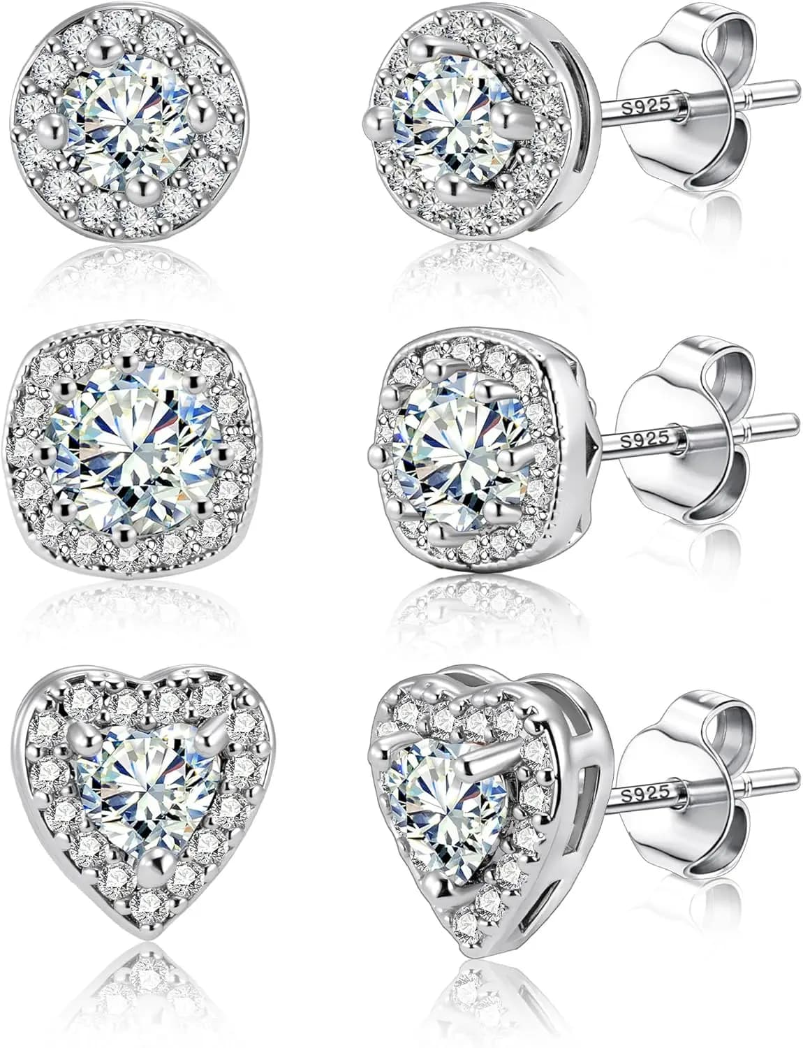 Orecchini a Perno in Argento Sterling per Donne, Set di Orecchini Grandi con Zirconia Cubica, Forma Halo, Rotonda, a Cuore e Quadrata