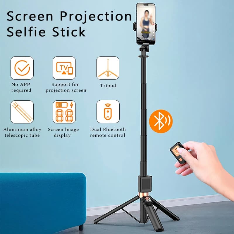 1.7M Schermo portatile Mirroring Selfie Stick Display in tempo reale Monitor selfie Doppio telecomando Bluetooth Proiettore schermo WIFI