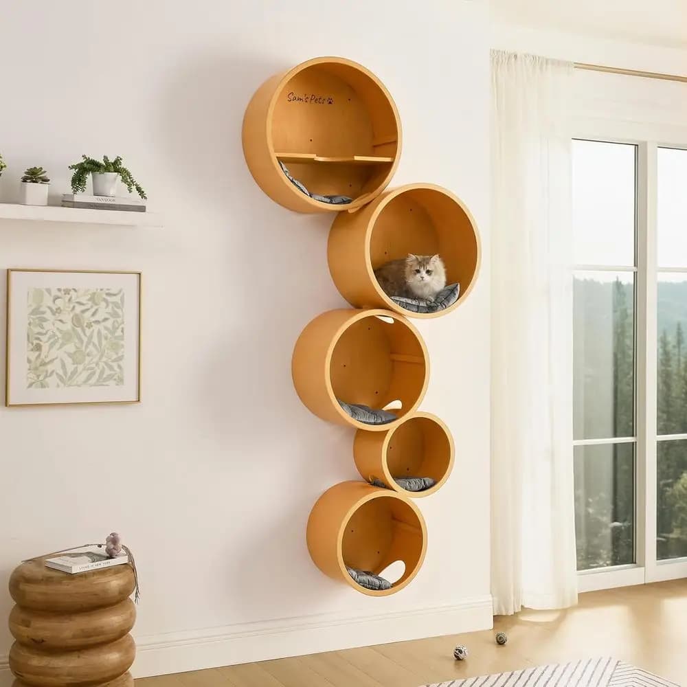 Albero per Gatti da Parete in Legno Naturale Rovere Chiaro - Elegante Arredo per Gatti da Interno con Cuscini Salvaspazio