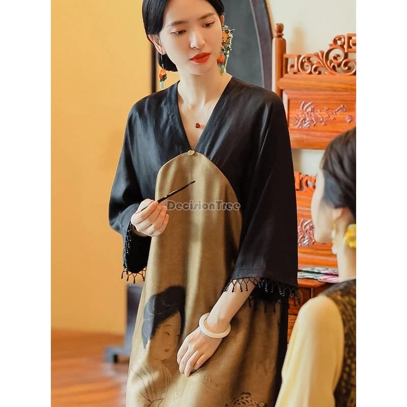 Abito vintage in broccato con stampa etnica 2026, nuovo stile cinese, vestito elegante da donna per tutti i giorni, con temperamento artistico e letterario