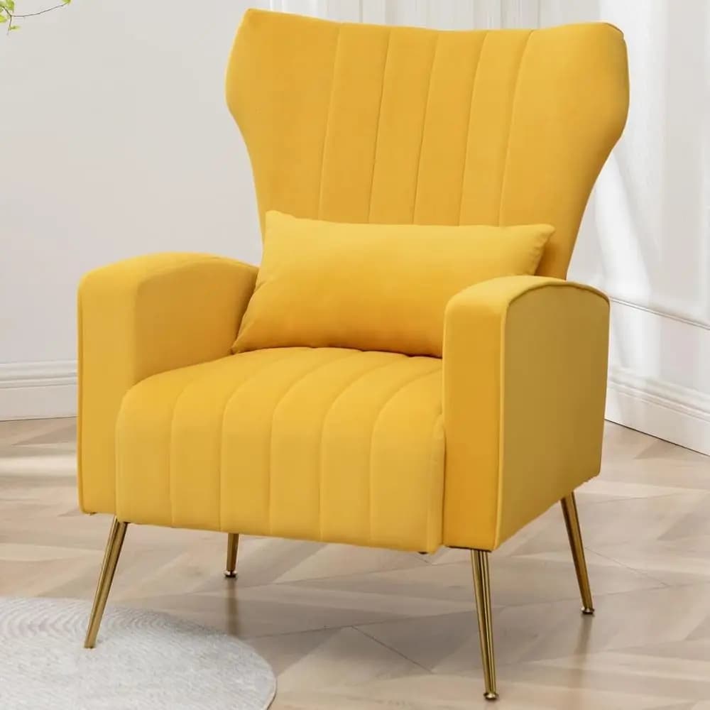 Poltrona Imbottita con Schienale Alto e Braccioli, con Cuscino Lombare, Ideale per Soggiorno o Camera da Letto, in Velluto Giallo per Spazi Ristretti