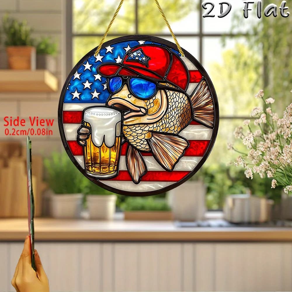 Ornamento Acrilico 2D Piatto, 1 Pezzo, a Tema Pesca con Bandiera Americana Patriottica, da Appendere - Acchiappasole Rotondo da 7,87 Pollici con Tramonto e Stelle