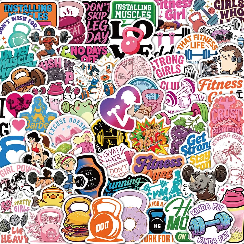 60Pcs Women's Fitness Gym Stickers Waterproof Vinyl Strong Girl Kettlebell Dumbbell Motivational Decals for Water Bottle Laptop