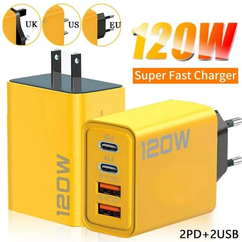 120W phone charger with 4 USB Type C ports, PD 3.0 quick charger, fast charging data cable, wall adapter for iPhone, Samsung, Xiaomi