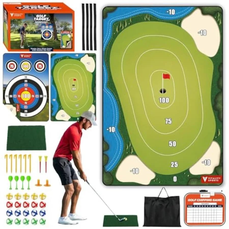 Gioco di Golf Chipping con Tappetino da Colpo, Tappetino da Pratica Golf Bifacciale Adesivo 72"x48" con 20 Palline Adesive e 4 Freccette, Golf Chipp