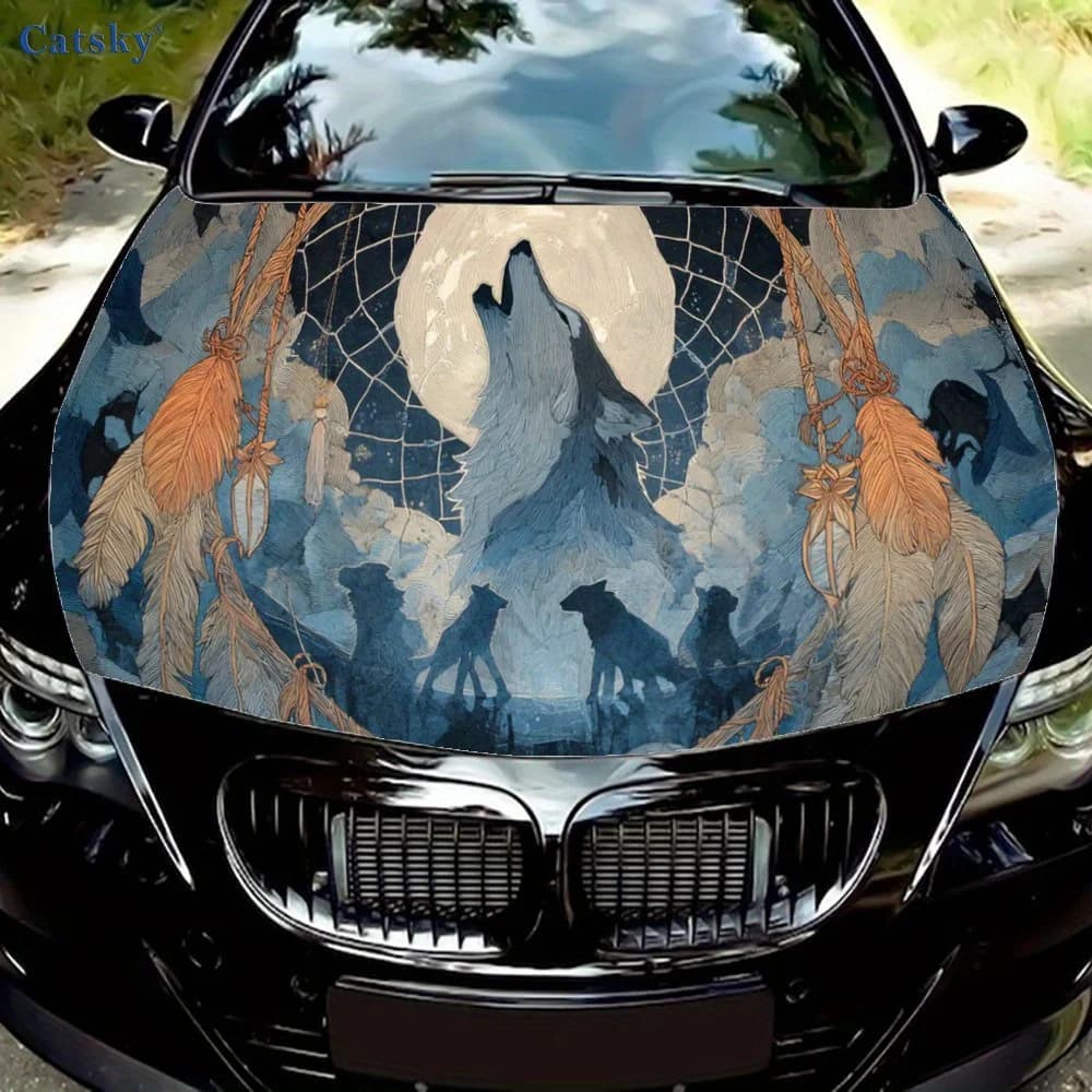 Blue Wolf and Mysterious Dreamcatcher Car Hood Sticker, Personalized & Trendy Auto Art Decal, Self-adhesive Waterproof Car Exter
