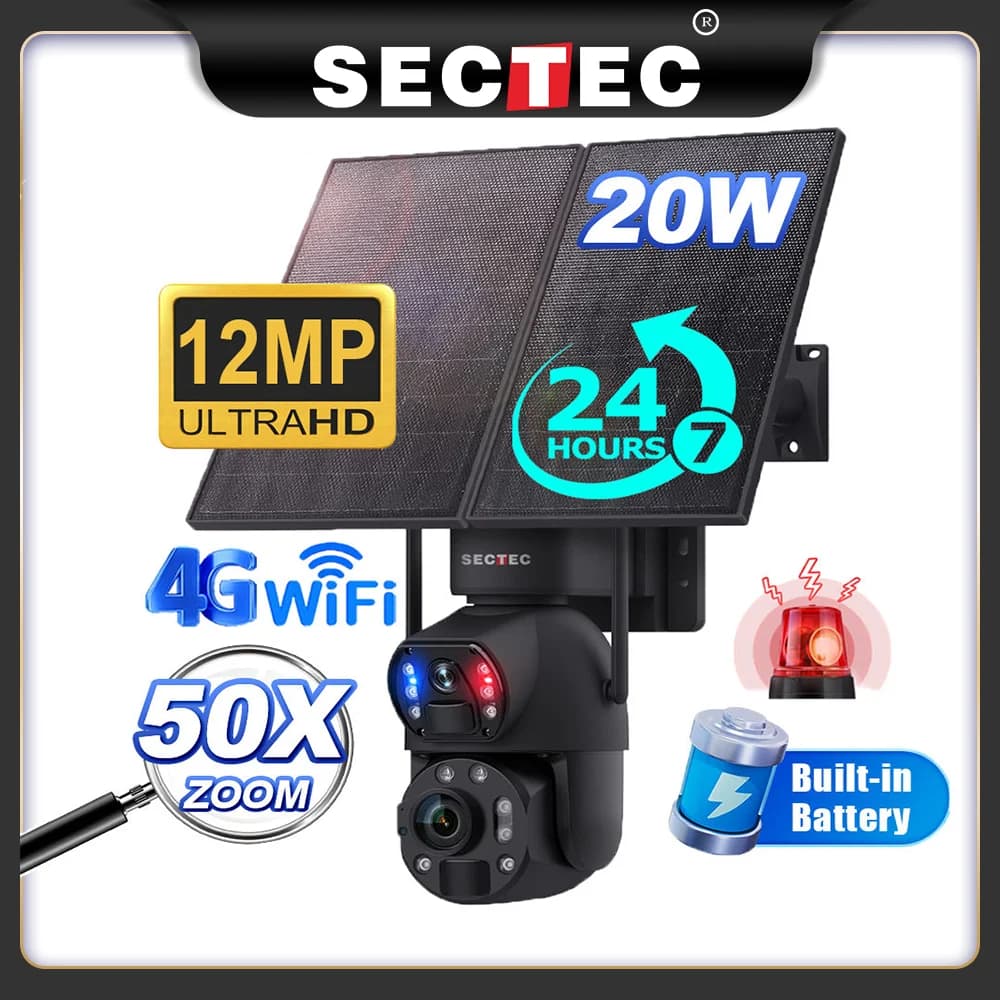 Telecamera solare SECTEC 50X Zoom 20W 4G Sim da esterno 360 ° Telecamere di sicurezza con batteria WIFI wireless Pannello solare Visione notturna a colori PIR