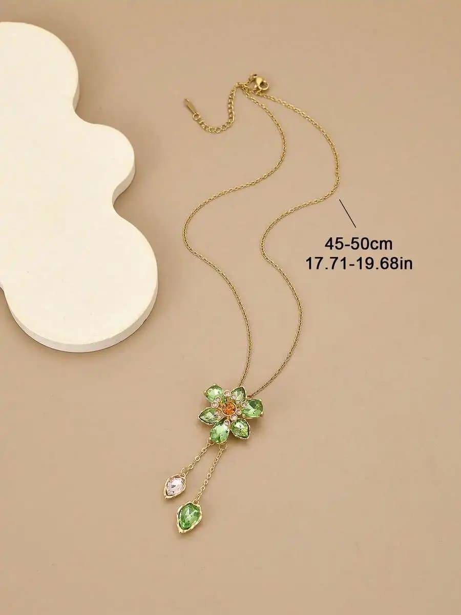 Floral Pendant Necklace With Green Cubic Zirconia Stones And Tassel Chain