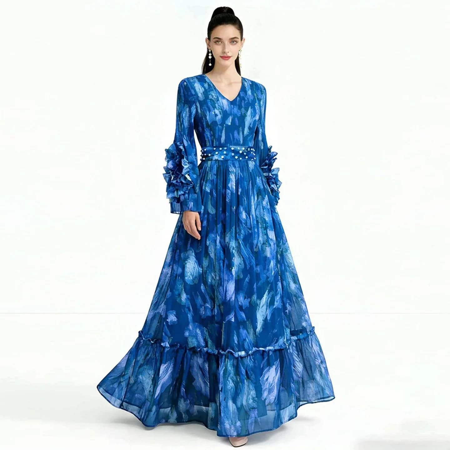 Elegant Large Size Dress with Waist Cinching And Flared Skirt for Photography And Fashion Show Women's Polyester Long Dress