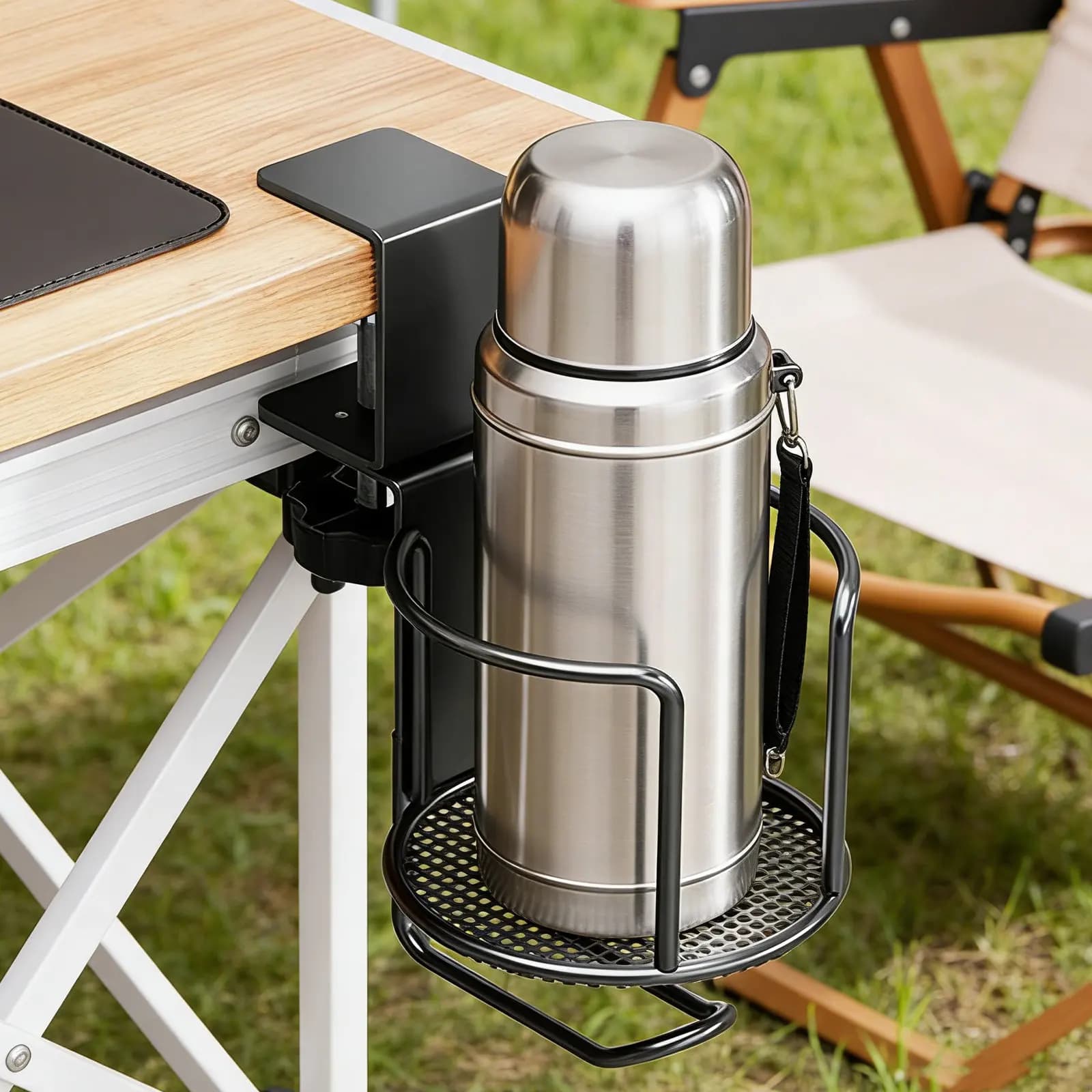 Rotating Desk Cup Holder Clip-on Swivel Metal Clamp with Headphone Hook Anti-Spill Desktop Drinks Holder for Office Gaming Study