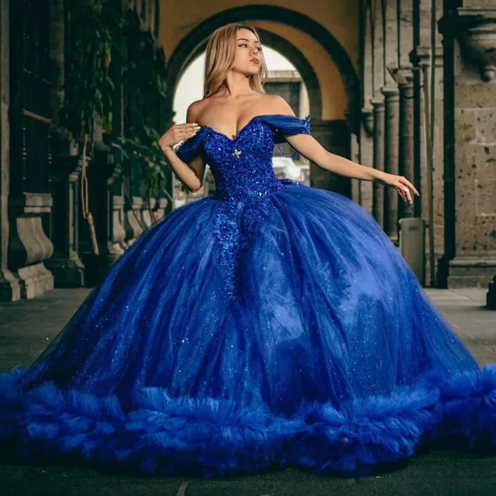 Abiti Quinceanera blu royal con spalle scoperte Applicazioni in pizzo Strass Perline Prom Sweet 16 Abito personalizzato