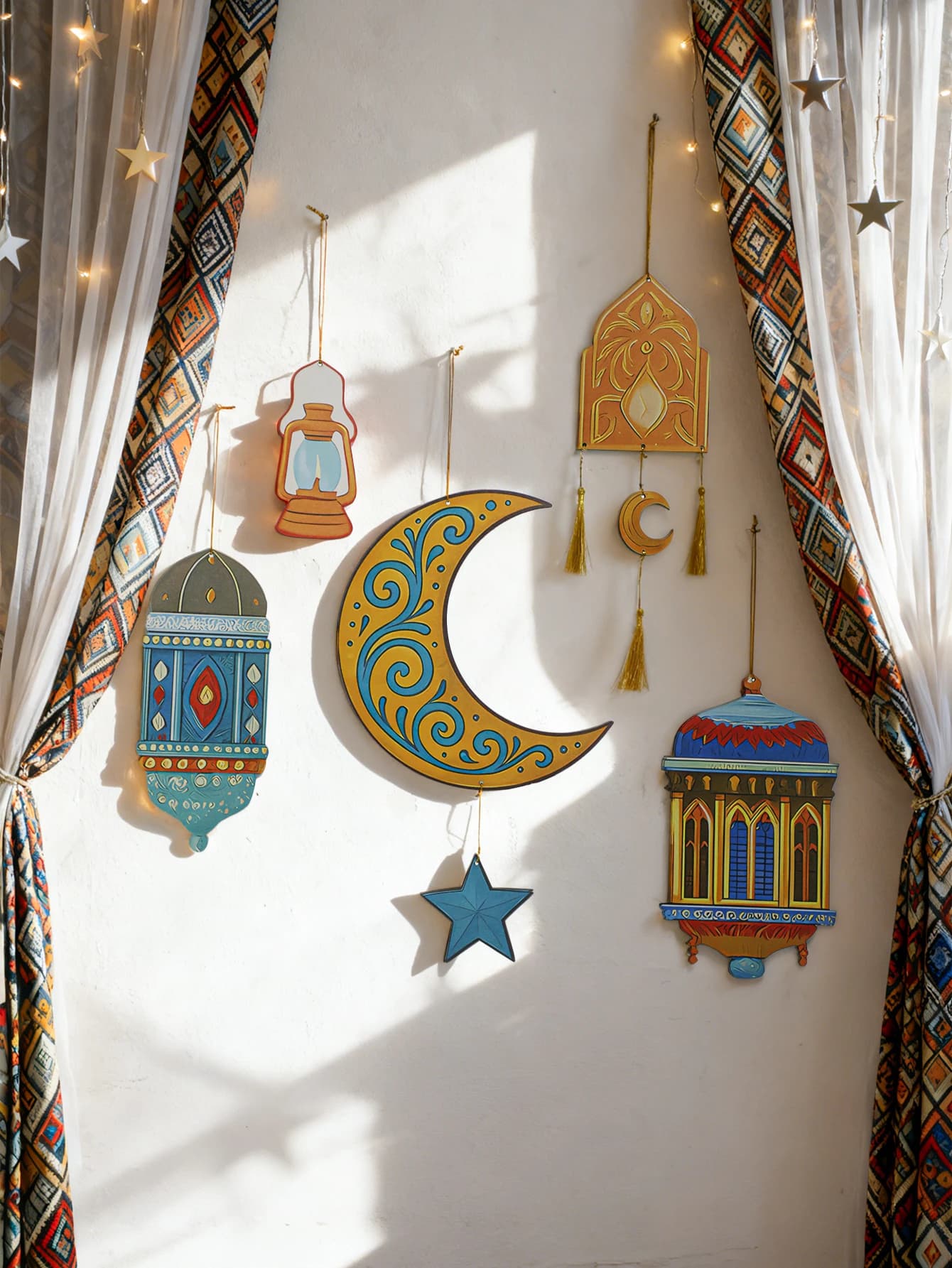 Decorazione da parete islamica Ramadan Luna Stella Lanterna Nappa Ornamento per Eid Mubarak Kareem Festival musulmano Decorazione da appendere per la casa