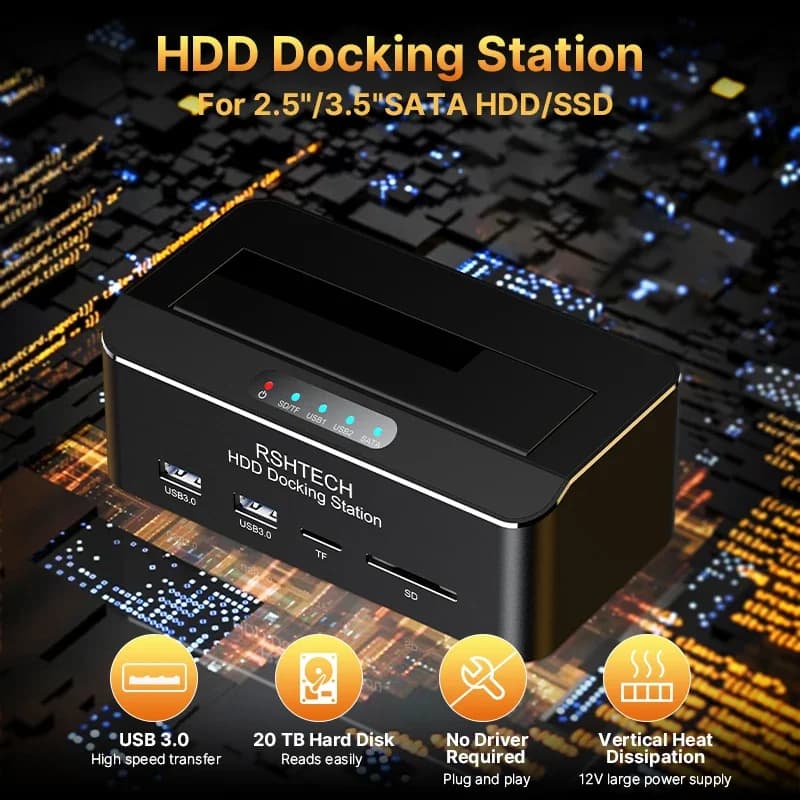 RSHTECH Adattatore per custodia per docking station per disco rigido esterno da USB 3.0 a SATA per HDD SSD da 2,5"/3,5'' con lettore di schede SD/TF