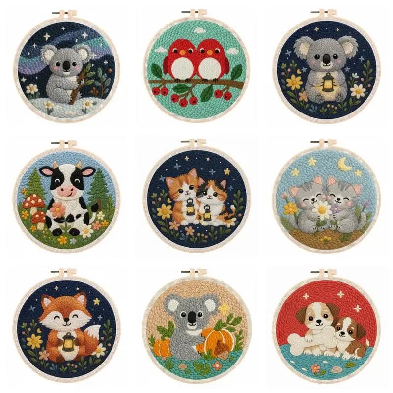 DIY Punch Needle Kits for Beginners Cartoon Animal with Hoop Punch Needle Starter Craft Embroidery Set Easy for Adults Gift