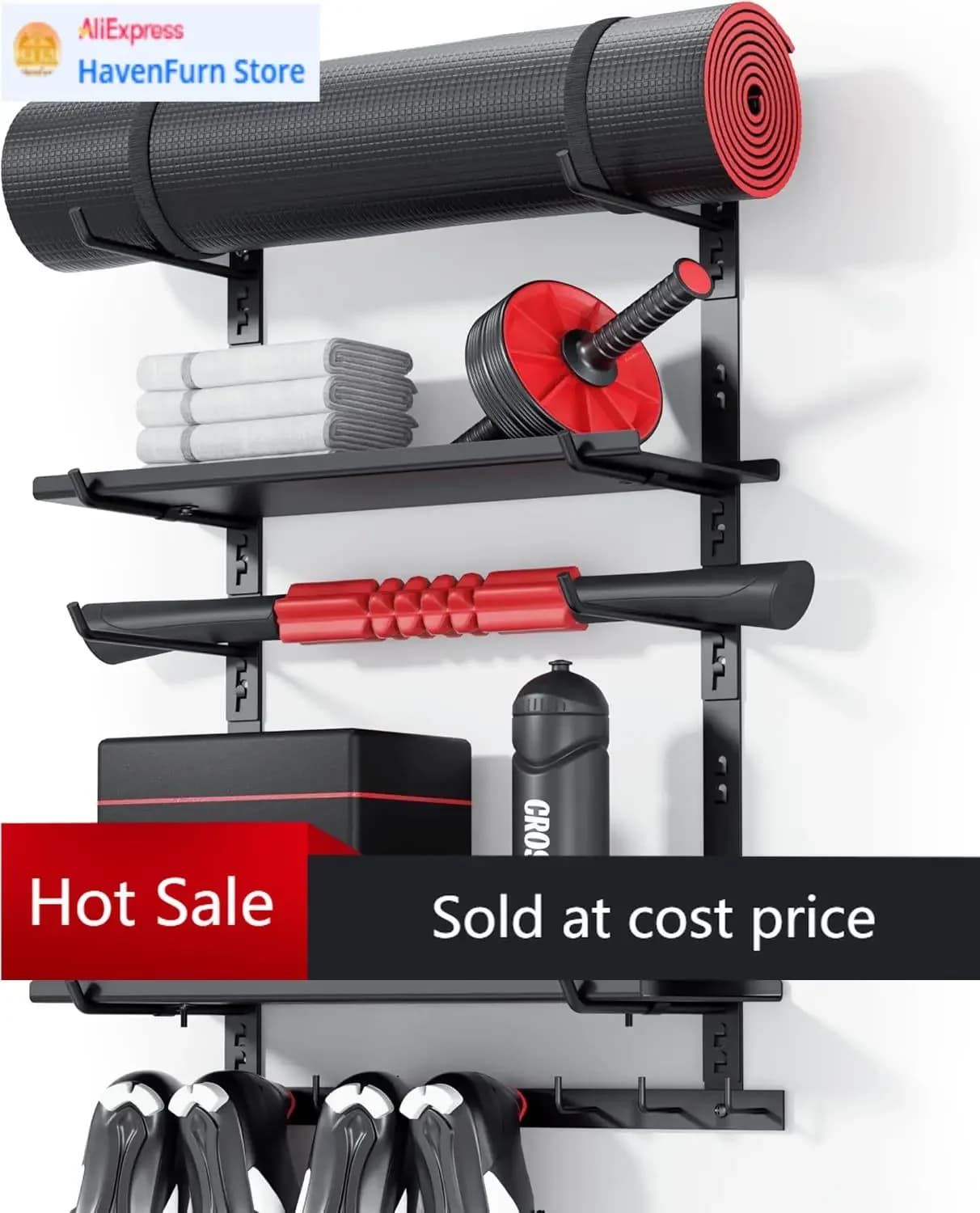 Storage rack for home gym, adjustable, wall mounted with 2 shelves, yoga mat holder, Stora