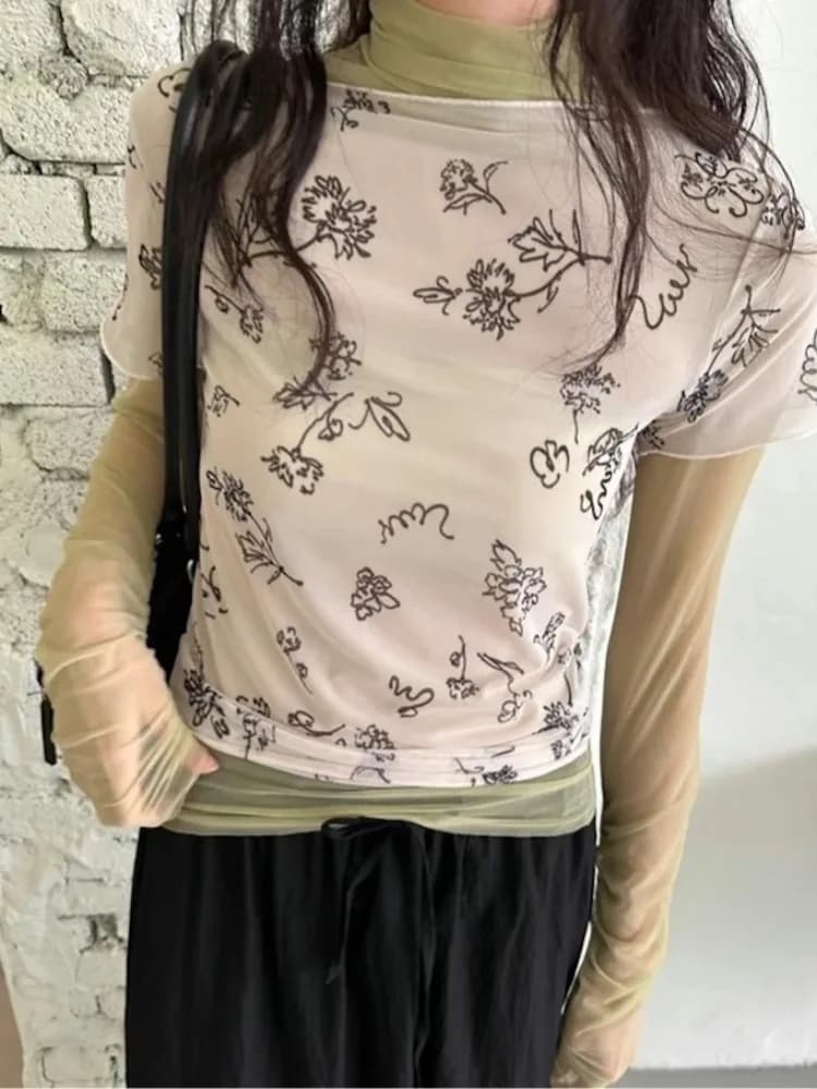 T-shirt estiva da donna a maniche corte con stampa floreale graffiti dipinta a mano, stile coreano, in rete, alla moda