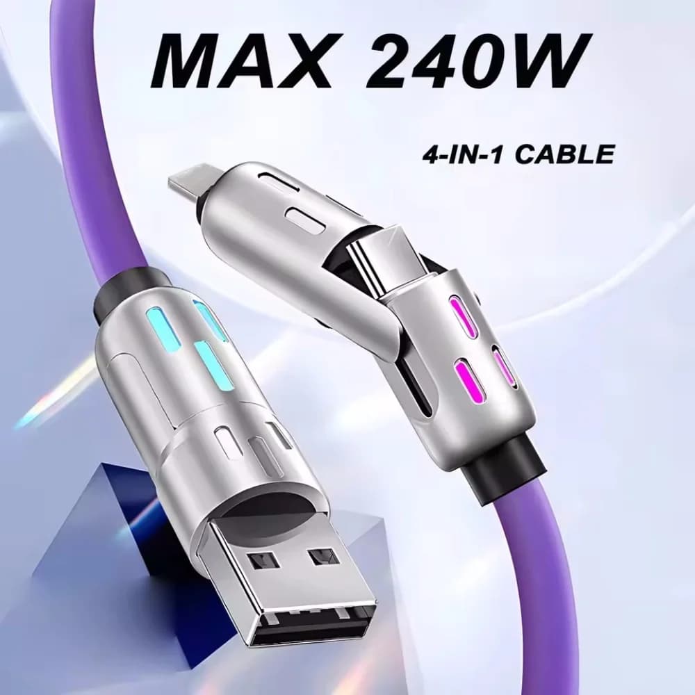 Caricabatterie multi-connettori 4 in 1 Gomito rotante da USB a tipo C 1,5 m Telefono cellulare Cavo in silicone a ricarica rapida da 240 W Trasferimento dati