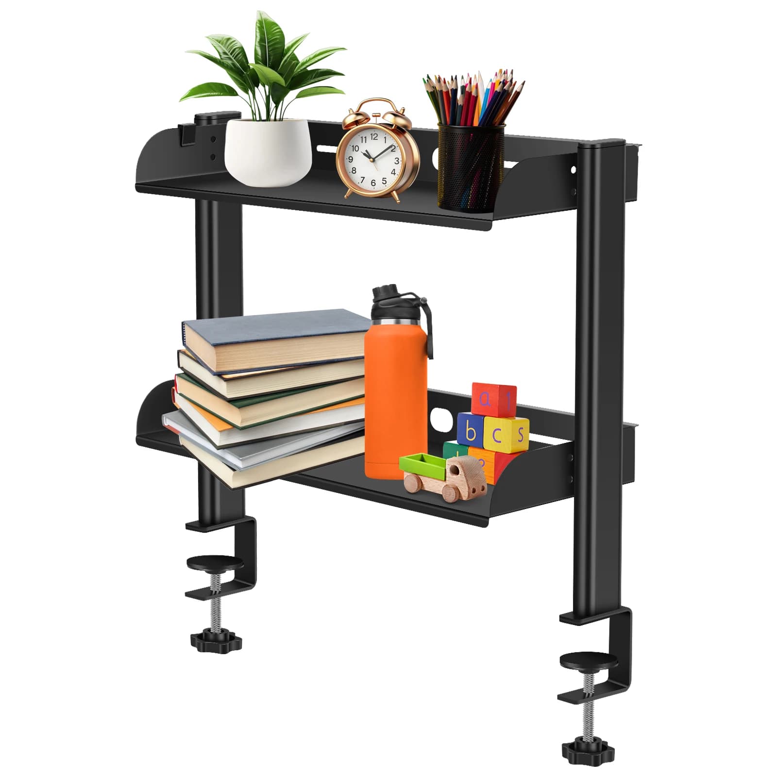2 Tiers Clamp On Desk Shelf No Drill Desk Organizer Rack Space Saving Adjustable Metal Computer Desktop Clamp High Load Bearing