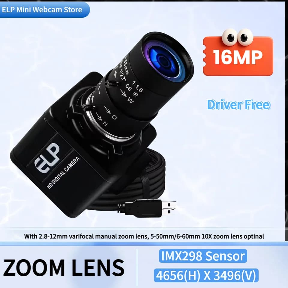 ELP USB Camera IM298 CMOS 16MP Mini Webcam 4K HD With Varifocal CS Lens 5-50mm 2.8-12mm for raspberry,Industrial Inspection