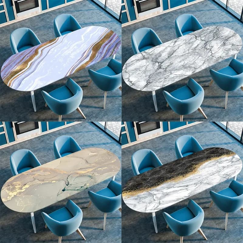 Tovaglia ovale stampata con texture in marmo, tovaglia in stile marmo con fascia elastica e chiusura sul bordo, tovaglia ovale