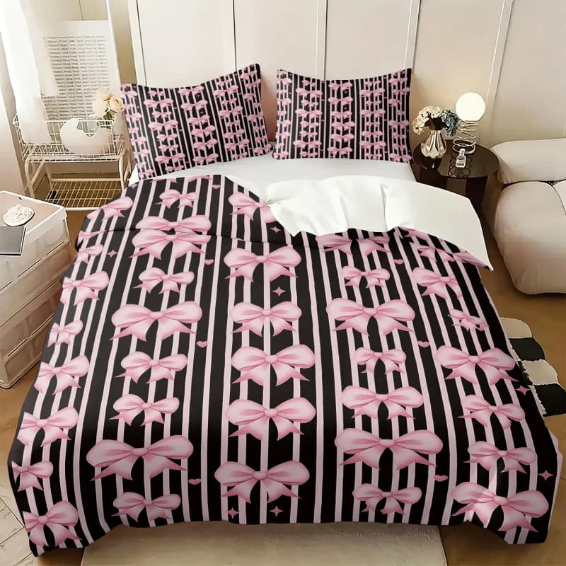 Coquette Pink Bow Black Striped Duvet Cover Set Cute Girly Heart Star Print Bedding Soft Comforter Cover Aesthetic Bedroom Decor