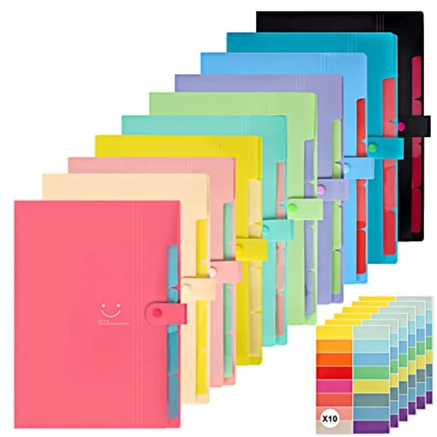10pcs Expanding File Folders, Folders for Documents, A4 Letter Size Plastic Accordion Document Organizer with Snap Button, 160