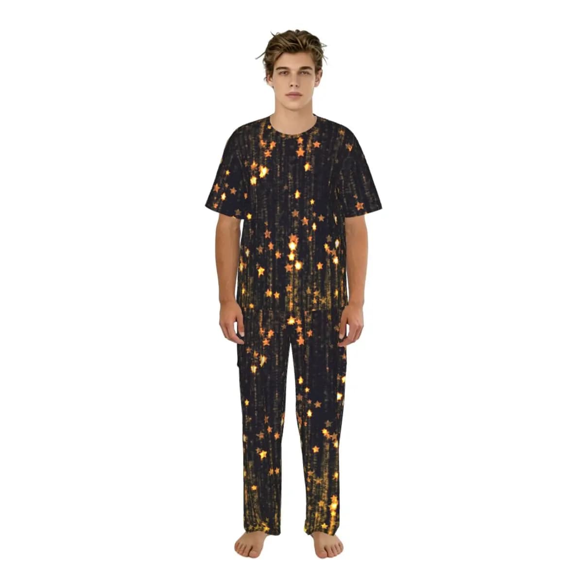 Pigiama da Uomo Estivo: Completo con Maglietta a Maniche Corte e Pantaloni Lunghi, Abbigliamento da Notte con Stampa Astratta di Stelle Cadenti