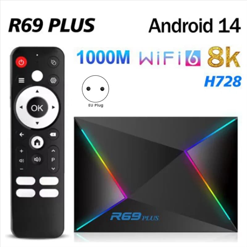 B50B-Per Android14 R69 Plus Tv Box H728 Wifi 6 IPTV HD 8K Smart Octa-Core ARM Cortex A55 5G Bluetooth 1000M Top Box EU-PLUG