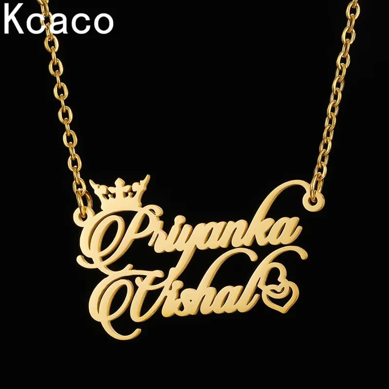 Custom Romantic Necklace with Double Names for Couples, Crown Pendant and Stainless Steel Heart, Gift Jewelry for Friends