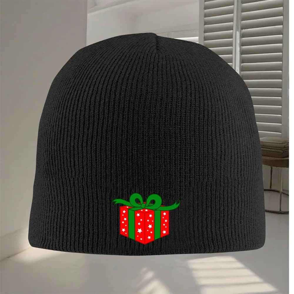 1pc Christmas Gift Beanie Hat Windproof Thermal Ski Cap with Red Green Gift Box Design Warm Winter Hat for Men Women Print