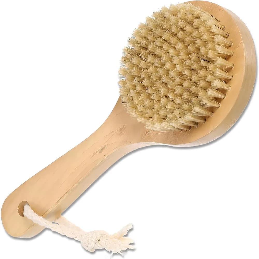Spazzola per il corpo a secco con manico corto, scrubber per la schiena con setole naturali, manico in legno antiscivolo per esfoliazione e circolazione sanguigna