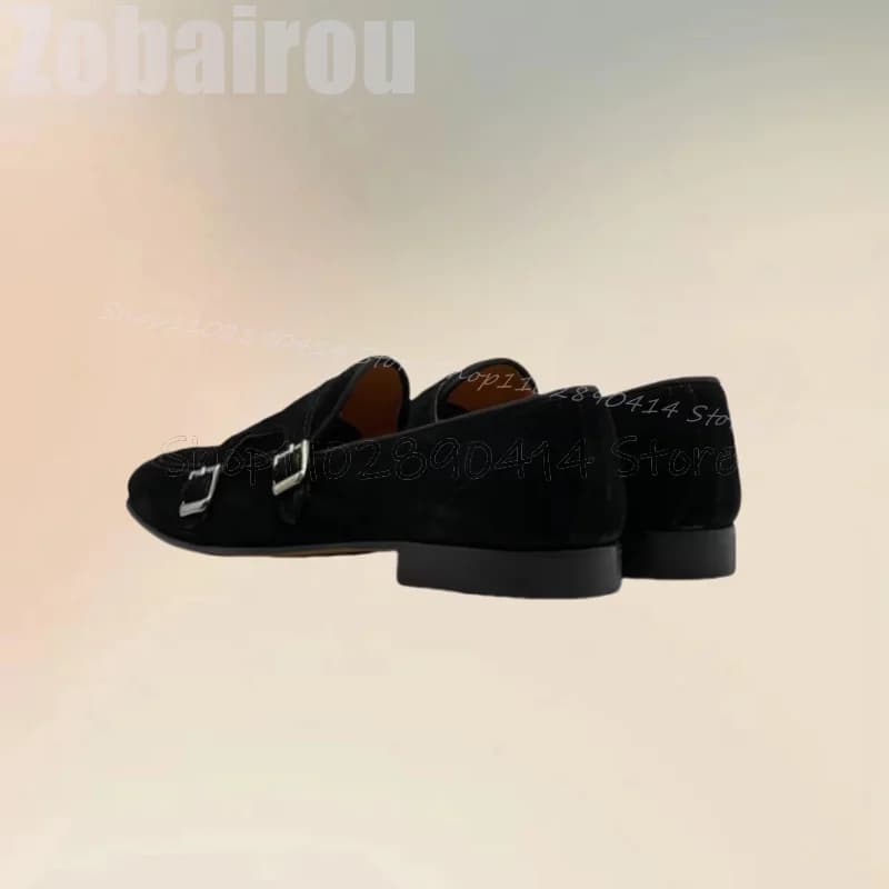 Black Buckle Decor Double Monk Flock Loafers Fashion Slip On Men Shoes Luxurious Handmade Party Feast Banquet Men Casual Shoes